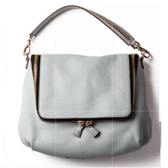 ANYA HINDMARCH Maxi Zip Blue Gray Pebble Leather Flap Tassel Shoulder Satchel - Picture 2 of 15